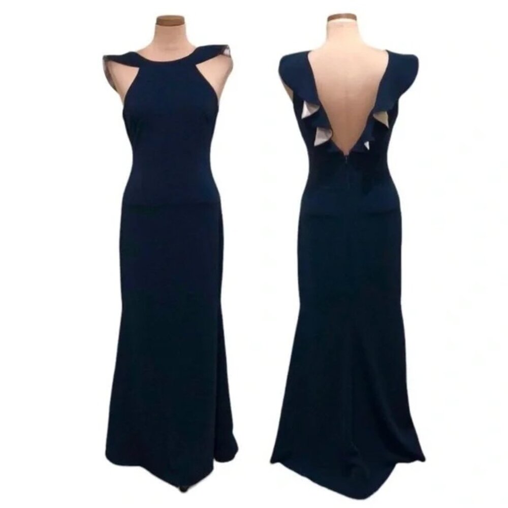 Badgley Mischka Navy Ruffle Flutter Pink Crepe Sleeve Formal Maxi Dress Sz 2 L